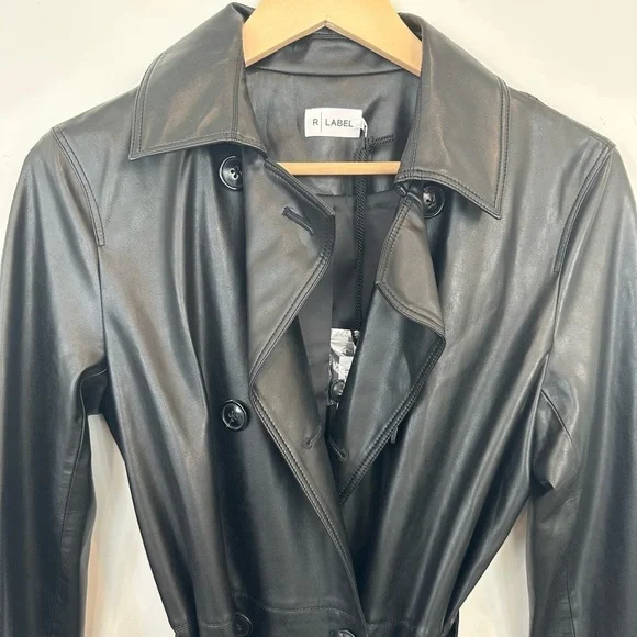 R Label Leather Vegan Double Breasted Trench Coat - Picture 3 of 11